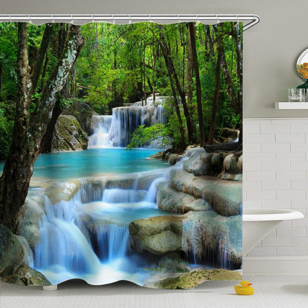 3D Waterfall Nature Scenery Bath Shower Curtain Water Resistant Bathroom Shield - Image 2