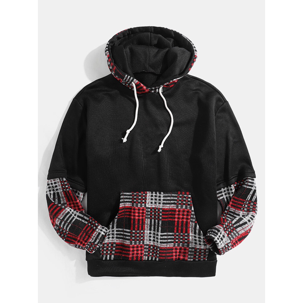 Mens Patchwork Plaid Kangaroo Pocket Long Sleeve Black Hoodies - Black S