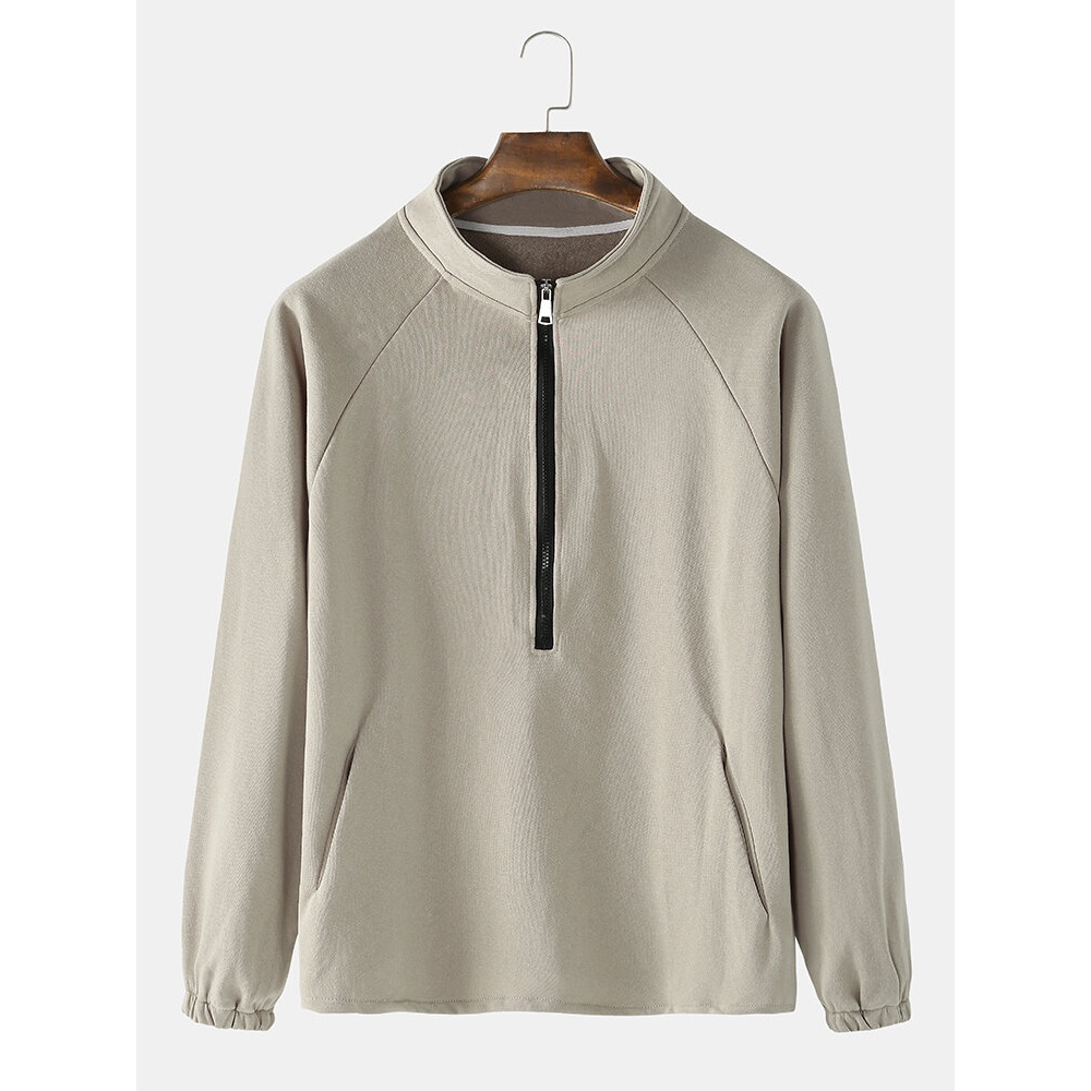 Mens Cotton Solid Color Half Zipper Raglan Sleeves Design Henley Shirts With Pocket - Black S