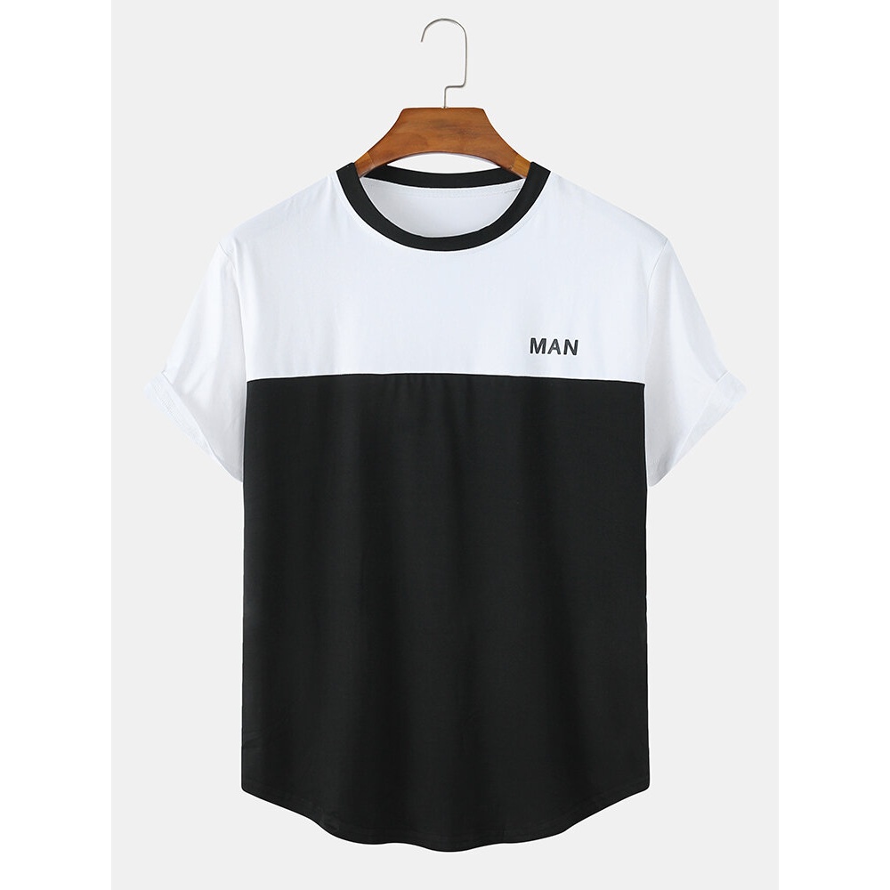 Mens Patchwork Letter Print Breathable Round Neck Casual Short Sleeve T-Shirts - White S