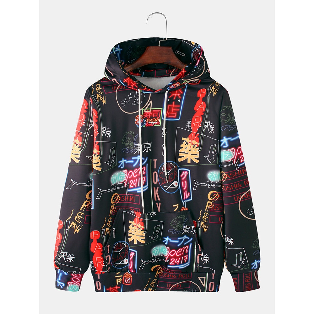 Mens Graffiti Text Print Kangaroo Pocket Long Sleeve Black Drawstring Hoodies - Black M