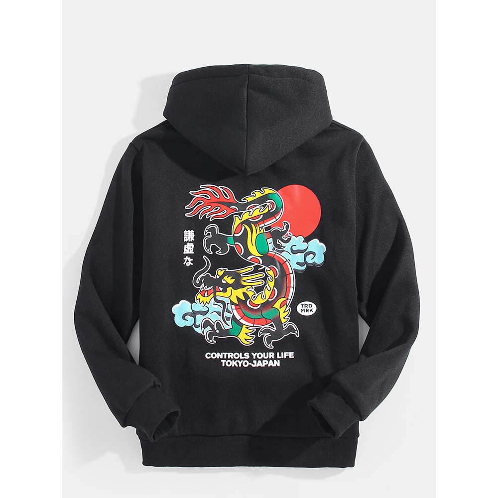 Mens Dragon & Text Back Print Ukiyoe Pocket Black Long Sleeve Hoodies - Black XL