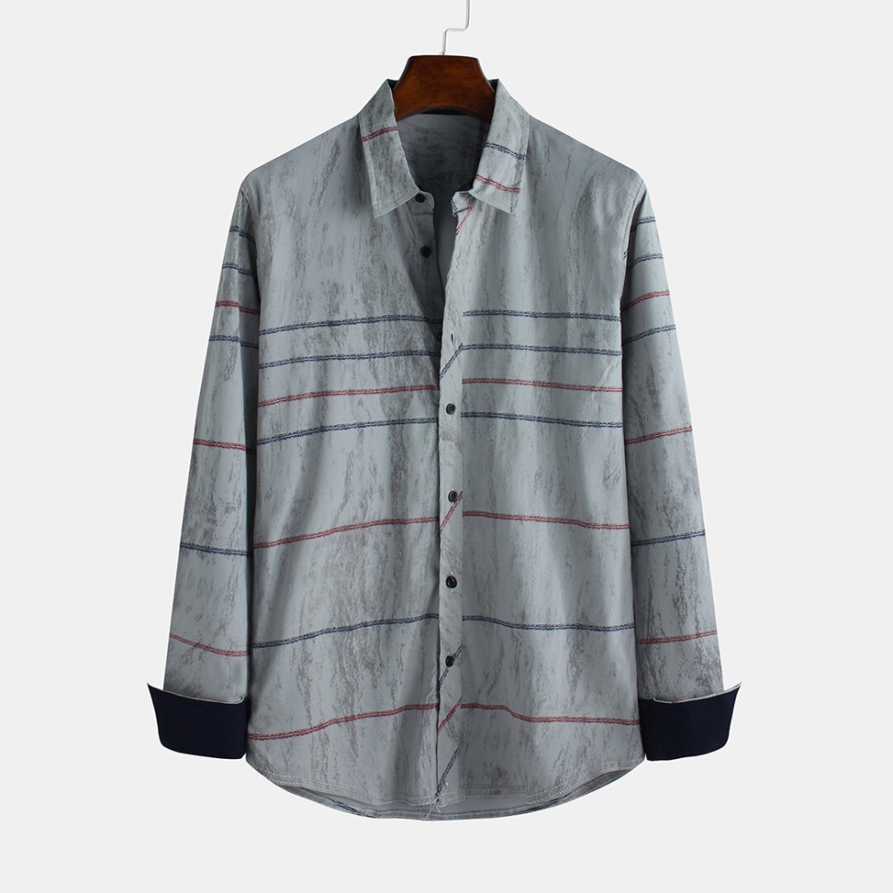 Mens Vintage Stripe Long Sleeve Turn Down Collar Shirts - M Navy