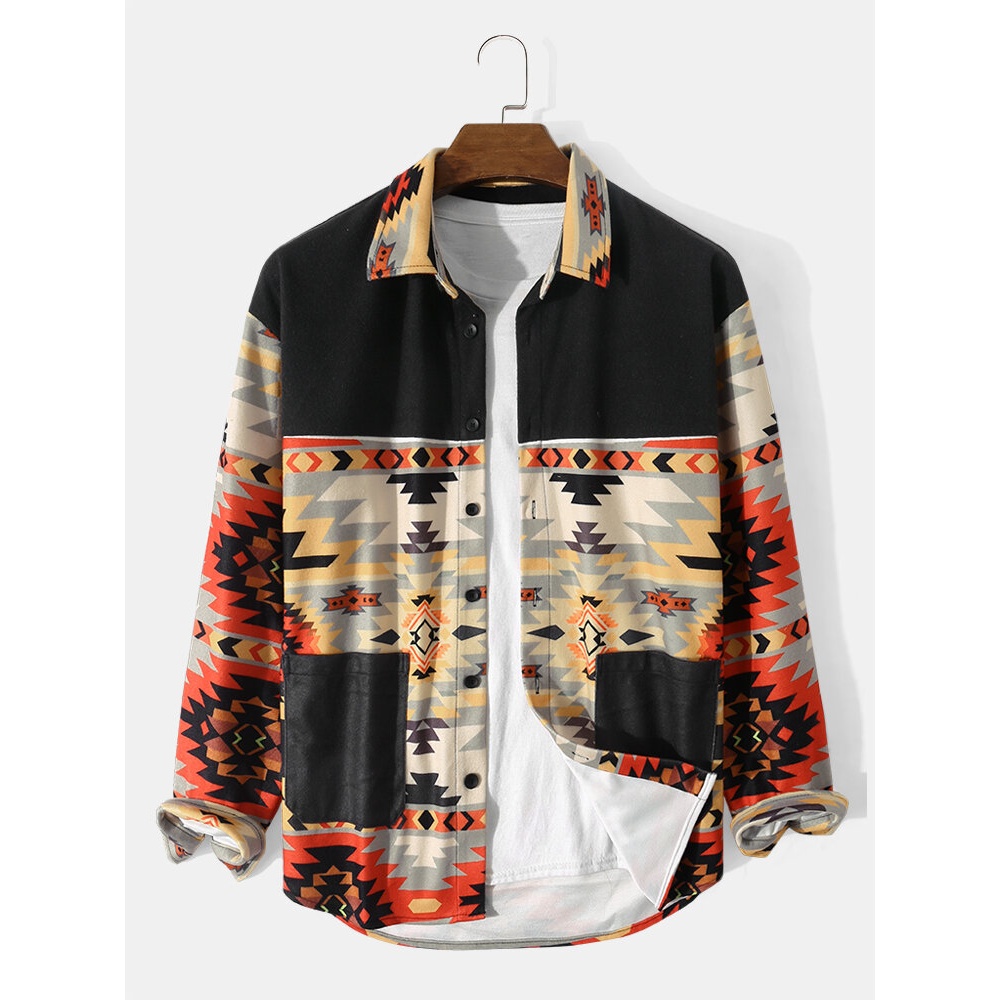 Men Ethnic Pattern Patchwork Color Block Lapel Casual Shirts - Black S