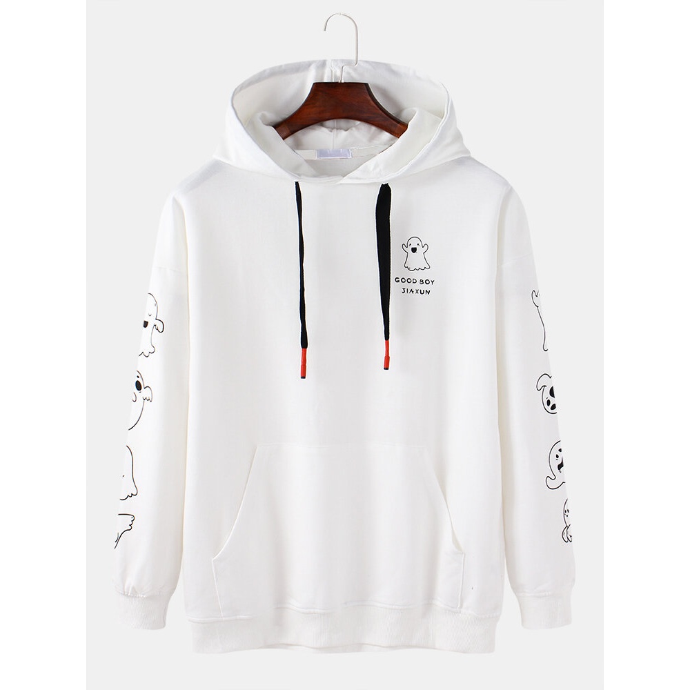 Mens Cute Cartoon Ghost Print Drop Shoulder Cotton Long Sleeve Hoodies - White S