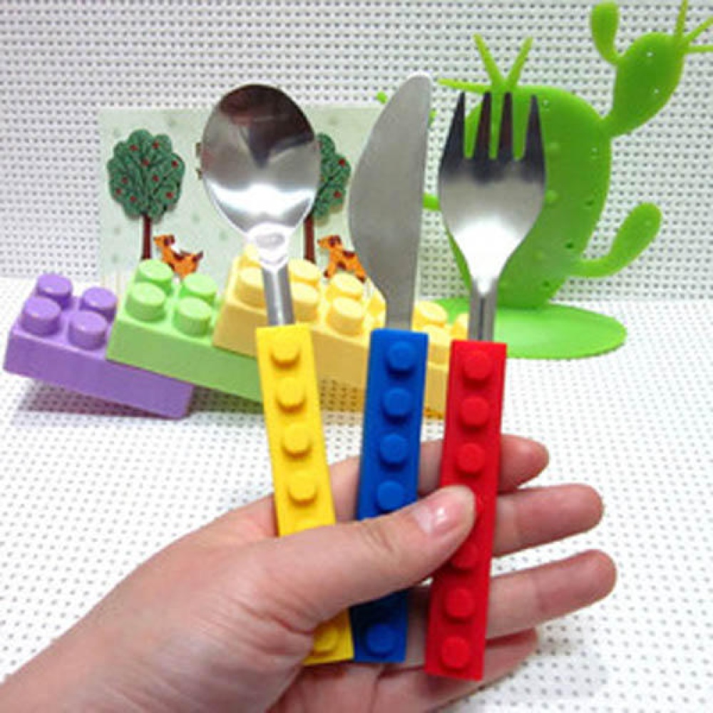 3PCS Creative Building Blocks Dinnerware Portable Block Fork Spoon Flatware Tableware - Image 2