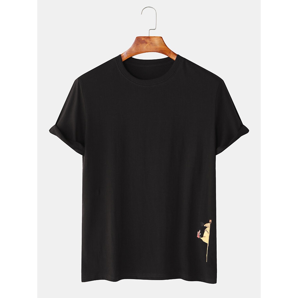 Men Funny Cartoon Cat & Mouse Print Crew Neck Short Sleeve T-Shirts - White S