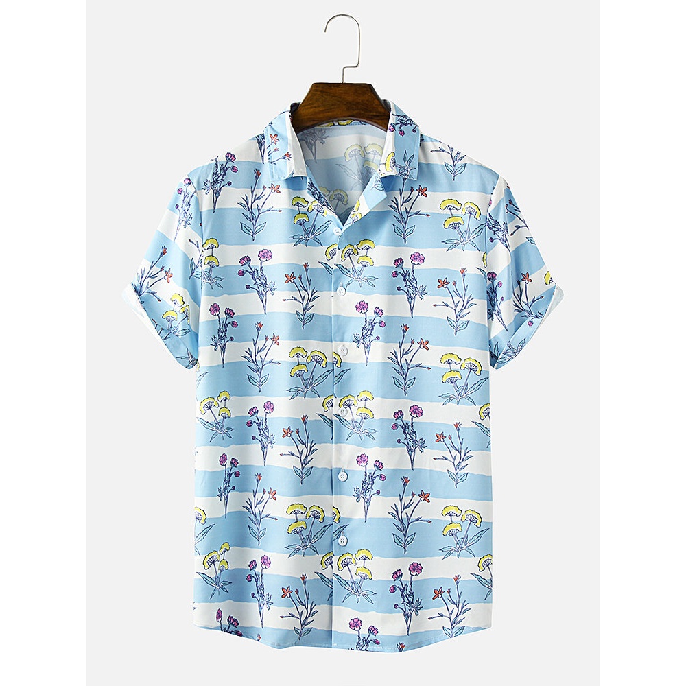 Mens Flower Print Stripe Lapel Short Sleeve Shirt - Blue S