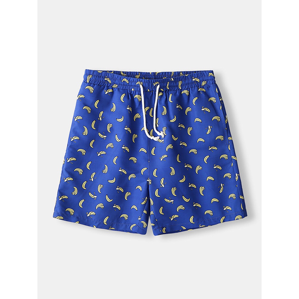 Mens Banana Cartoon Print Elastie Waist Beach Shorts - Blue M