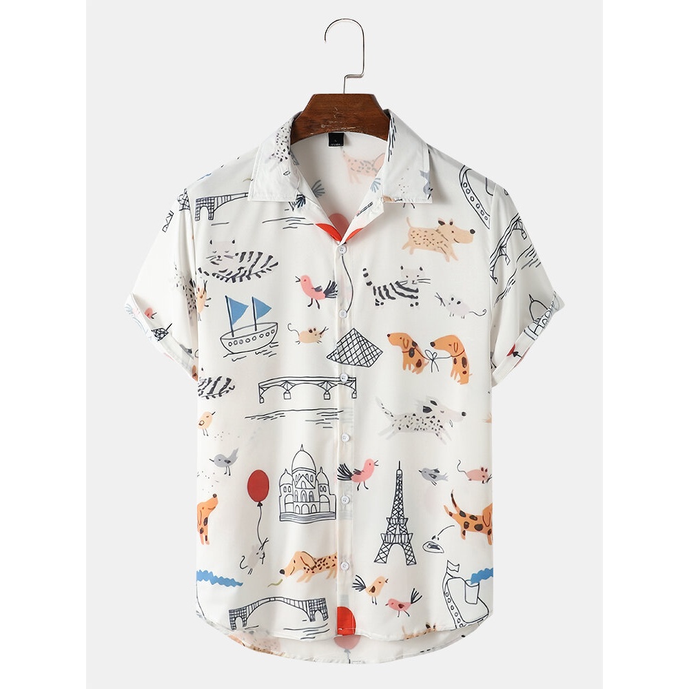 Mens Cartoon Pet Animal Print Button Up Casual Shirts - White S
