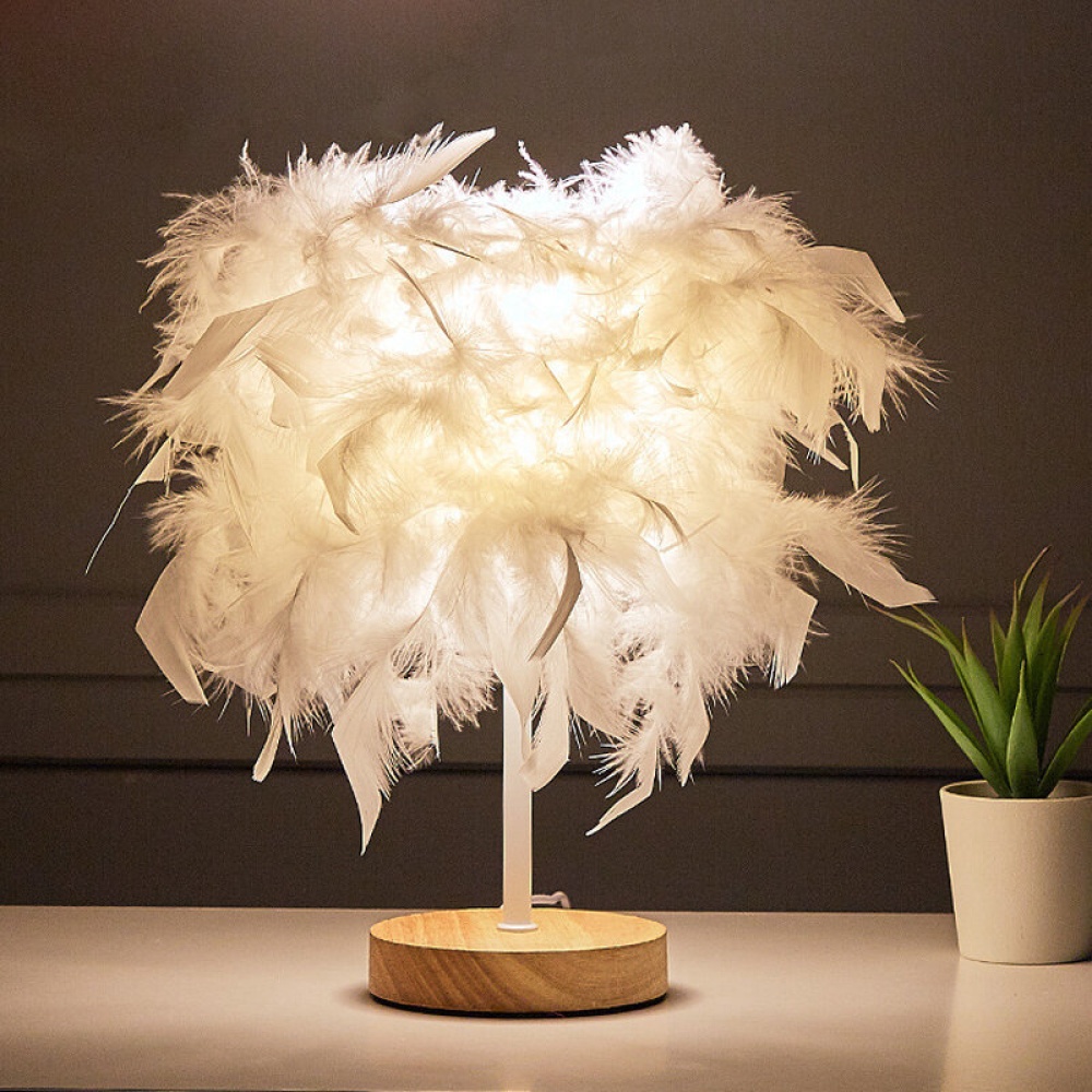 USB Modern White Feather Shade Table Lamp Lampshade Elegant Bedside Desk Night Light Home Bedroom Decor - Remote Control - Image 2