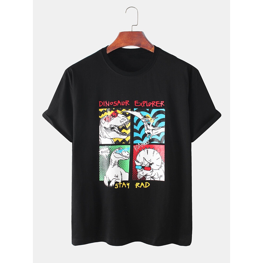 Mens Cartoon Dinosaur Print Crew Neck Short Sleeve T-Shirts - White XL