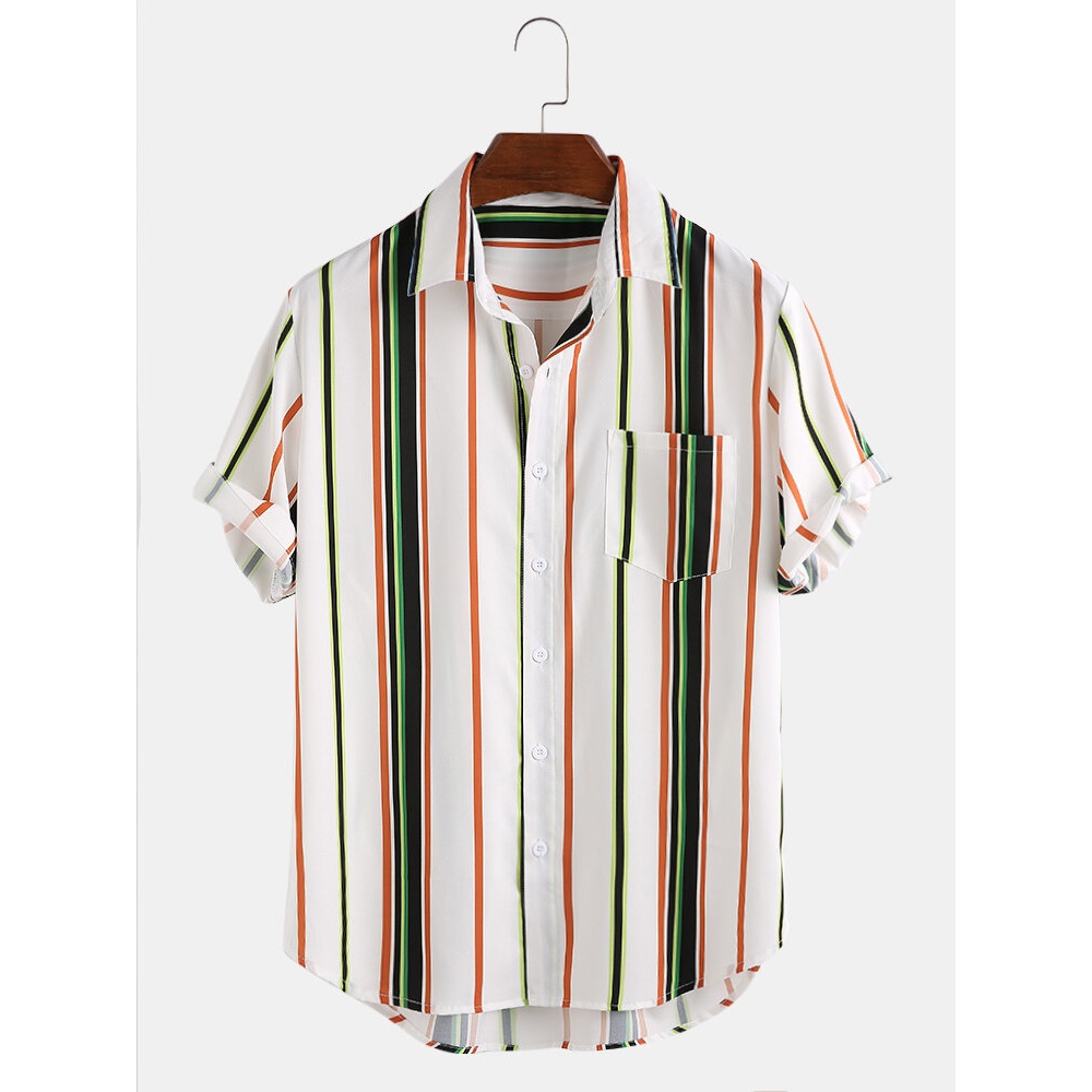 Mens Colorful Stripe Chest Pocket Short Sleeve Leisure Shirts - M Green