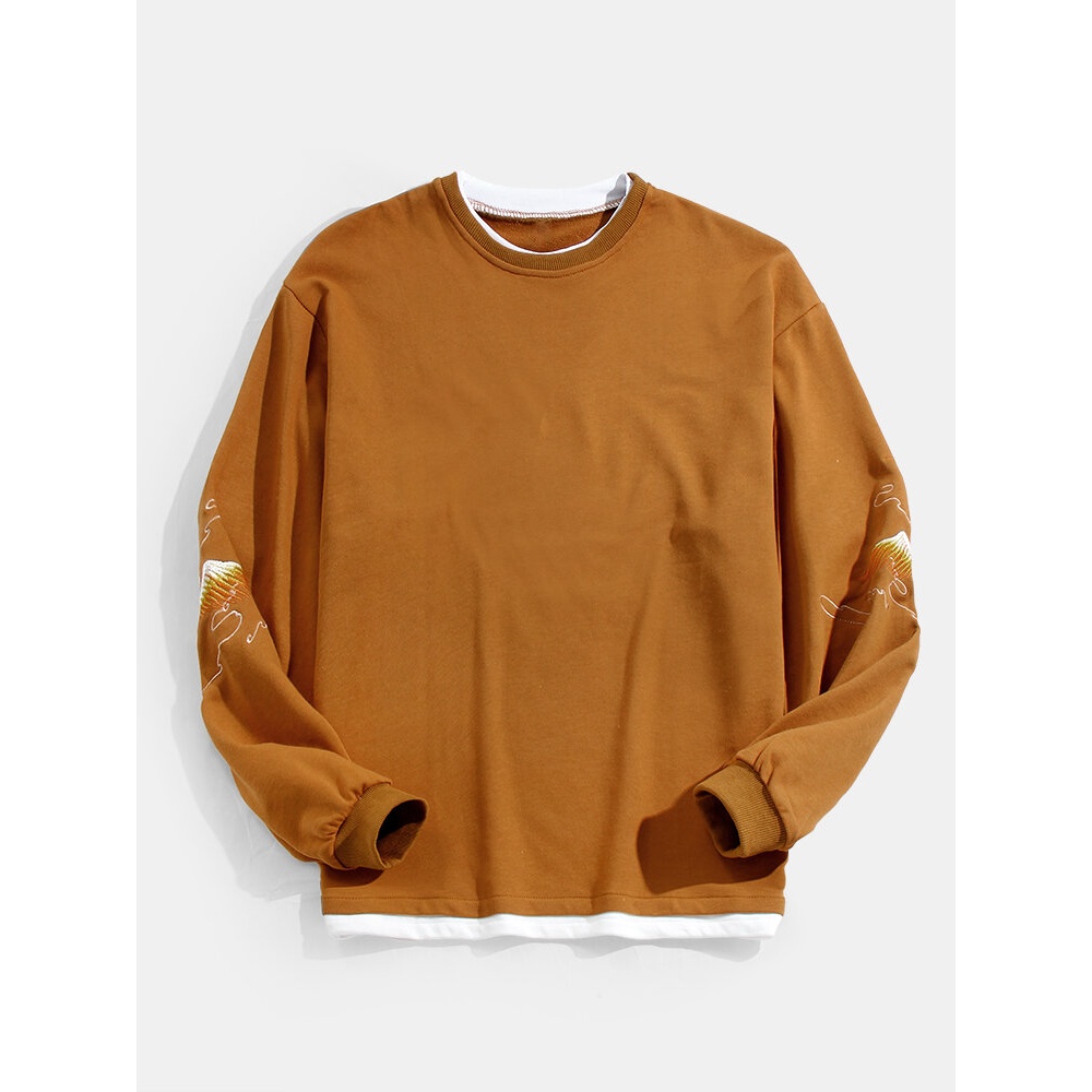 Mens Crane Side Embroidery Pullover Chinese Style Sweatshirts - Khaki M