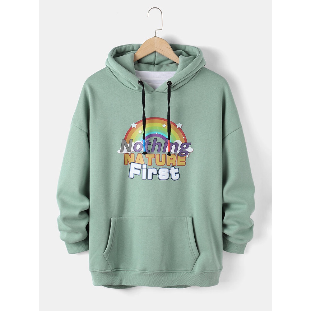 Mens Cartoon Rainbow Letter Print Drawstring Casual Hoodie - White XL