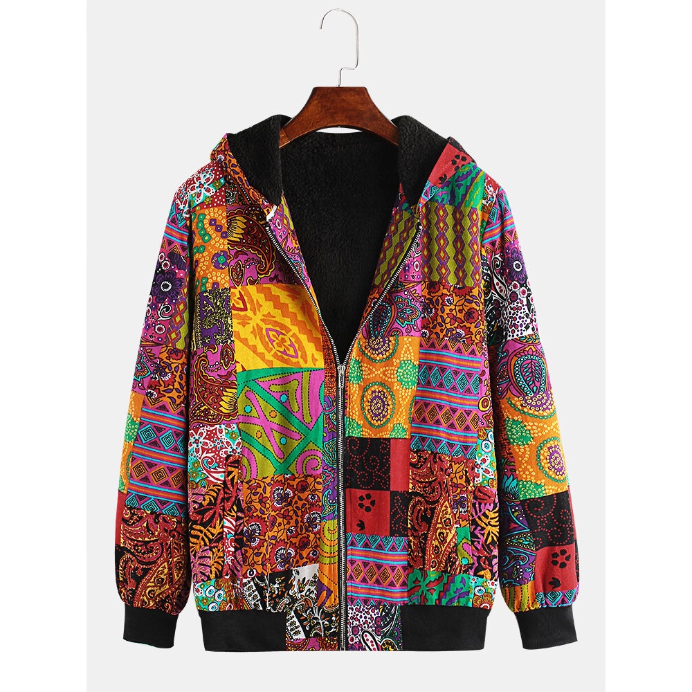 Mens 100% Cotton Ethnic Printed Long Sleeve Hooded - 2XL As Picture