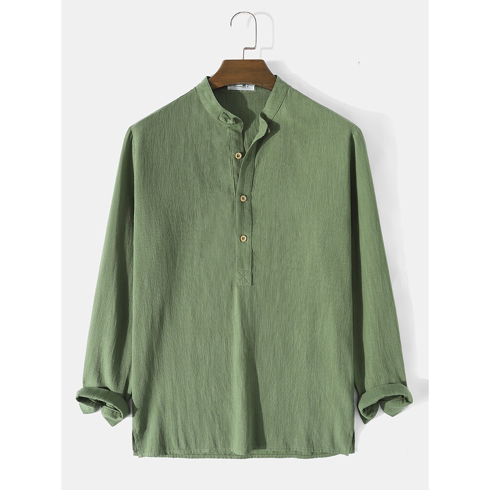 Men Solid Basic Henley Collar Side Slit Long Sleeve Casual Shirts - Green S