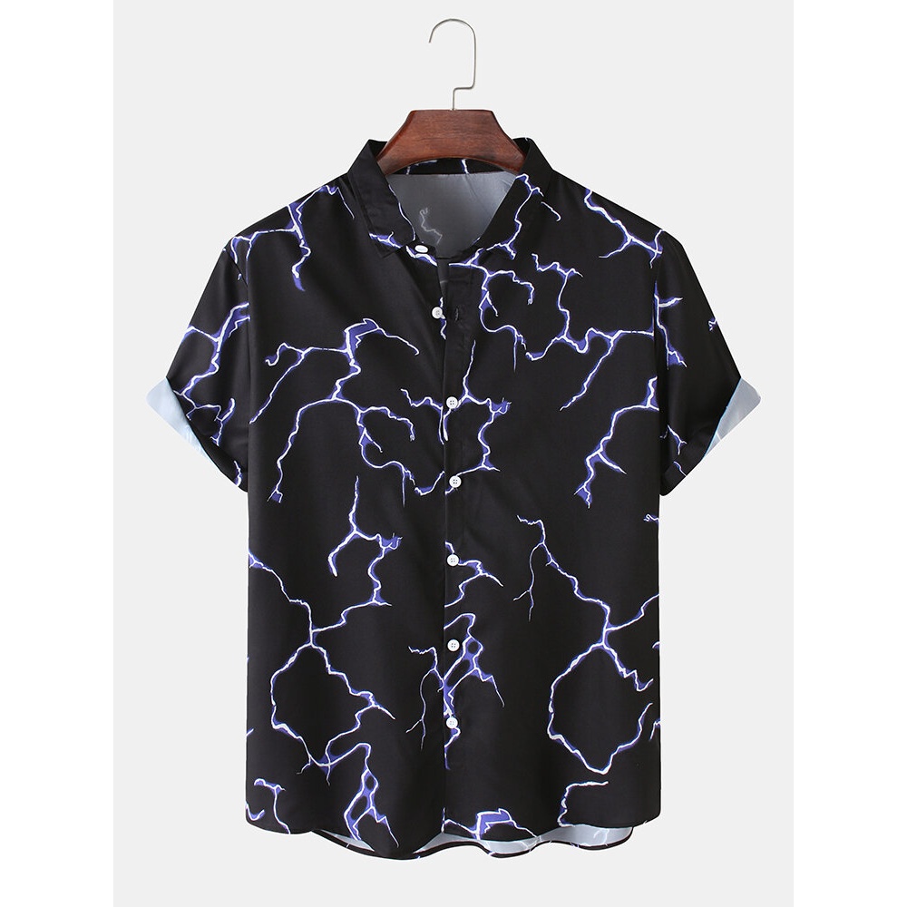 Cotton Mens Design Lightning Short Sleeve Black Casual Shirts - Black XL