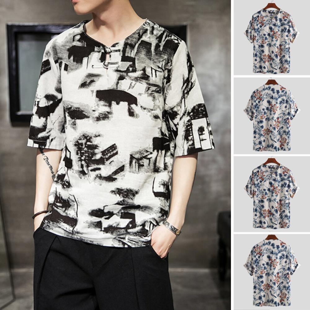 Mens Short Sleeve Vintage Floral V Neck T Shirts Summer Casual Holiday Yoga Tops - 3XL Dark Grey