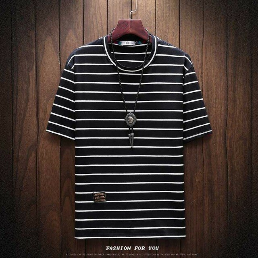 Men Large Size Striped Loose Round Neck Short-sleeved T-shir - 2XL Black