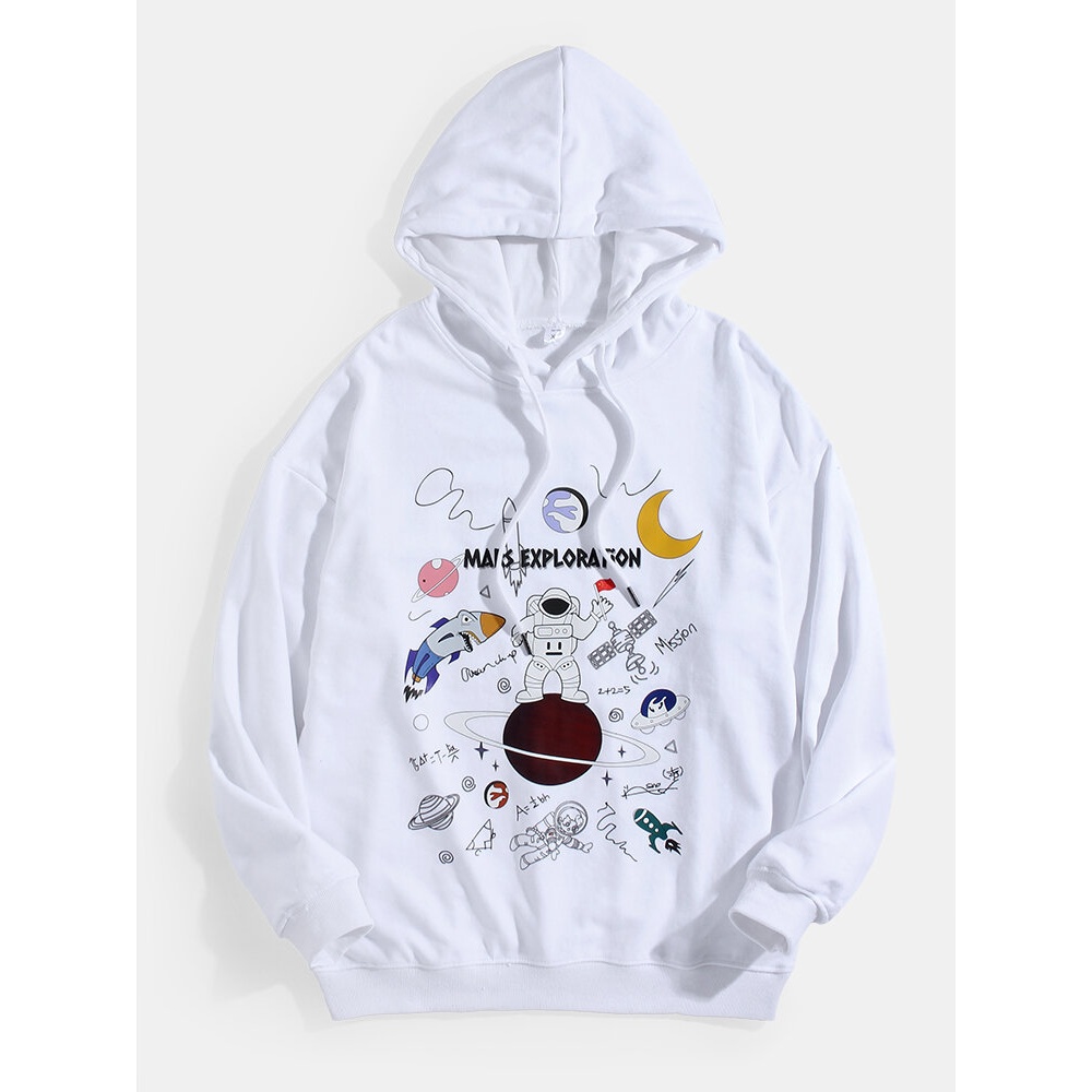 Mens Cartoon Astronaut Planet Print Drop Shoulder Cotton Cute Hoodies - White L