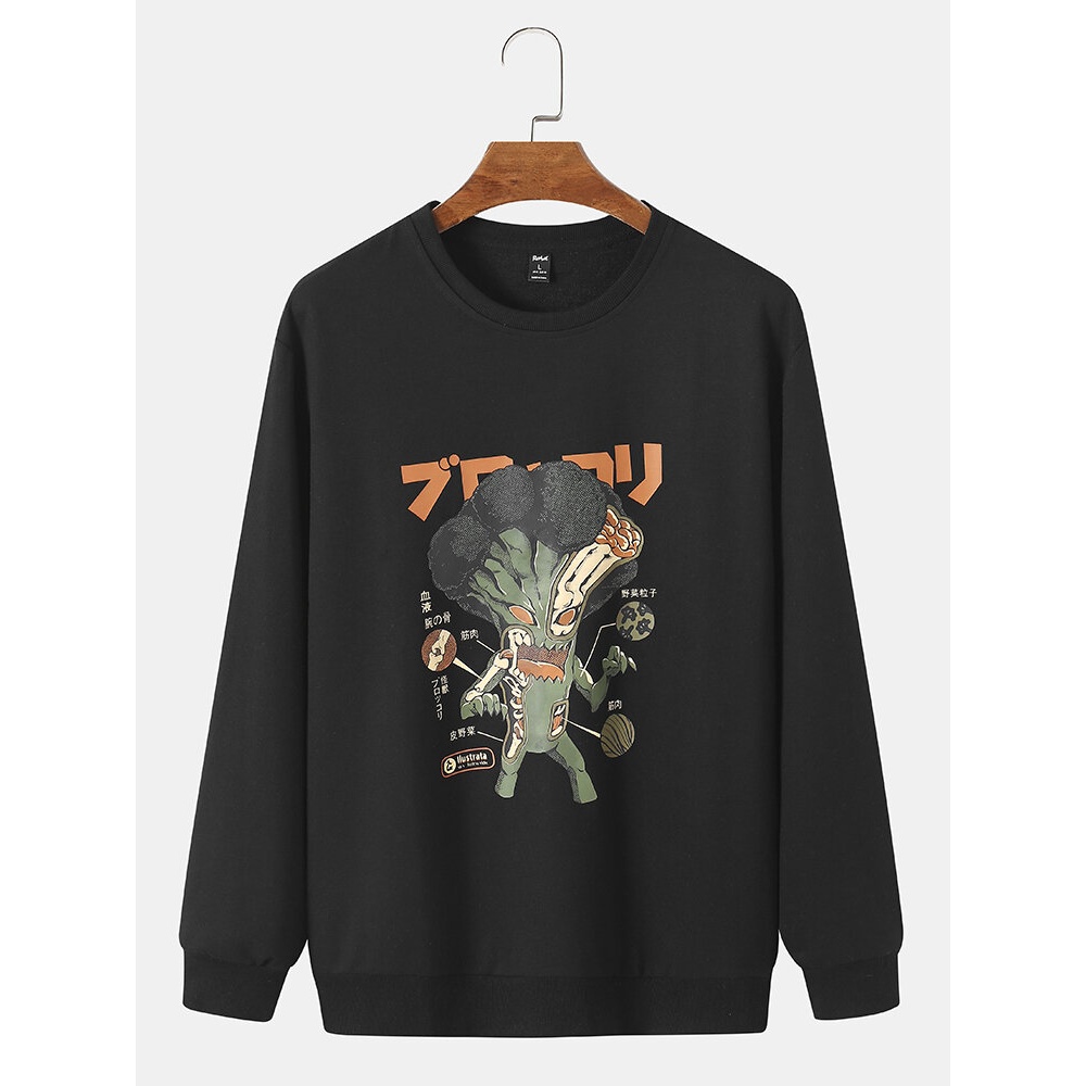 Men 100%Cotton Cartoon Japanese Crew Neck Pullover Casual Pullover Sweatshirt - Black S