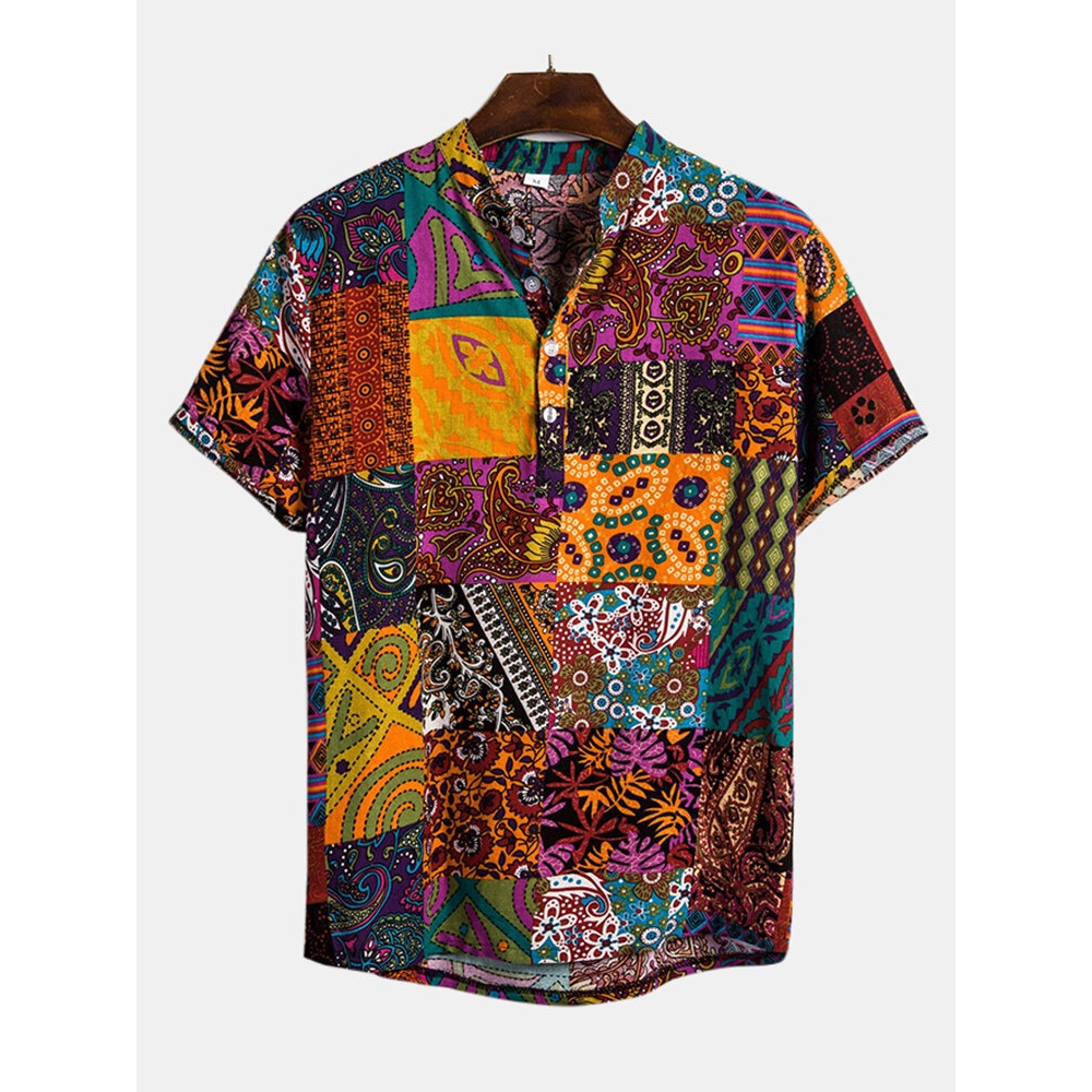 Mens Ethnic Style Patchwork Floral Printing Henley Shirts - 3XL As Picture