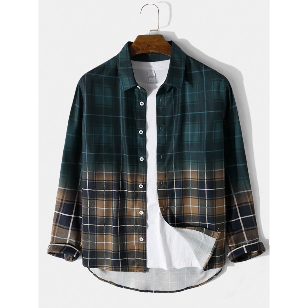 Mens Plaid Gradient Button Up Contrast Color Shirt - Green S