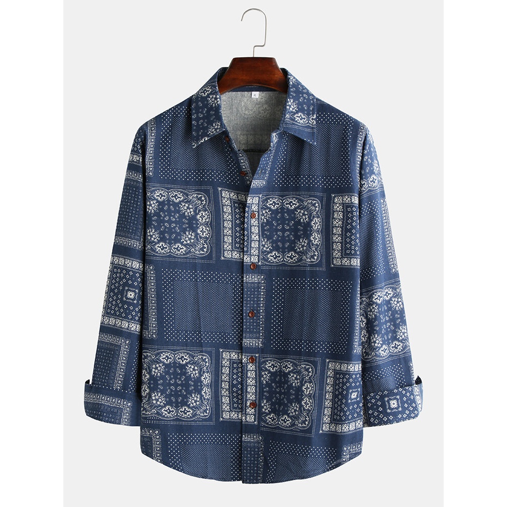 Mens Ethnic Style Long Sleeve Shirt - S Blue