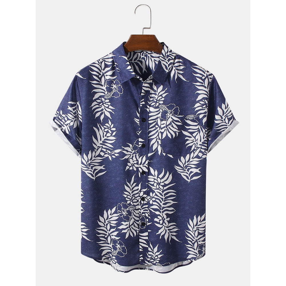 Mens Holiday Plants Floral Print Casual Short Sleeve Shirt - Blue S