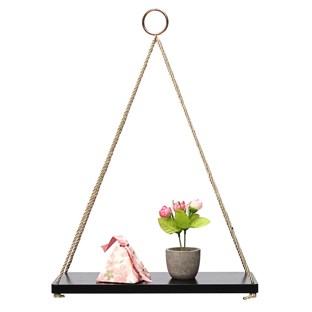 35cm/45cm Single Layer Wooden Rope Hanging Wall Shelf Vintage Floating Storage Rack Wall Mount Bookshelf Home Decorations Stand - 35cm Brown - Image 2