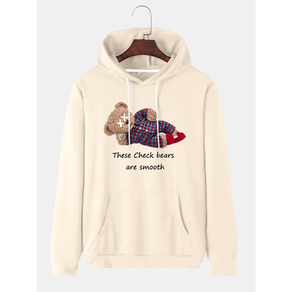 Mens Check Bear Letter Print Cotton Drawstring Hoodies With Pouch Pocket - Black S