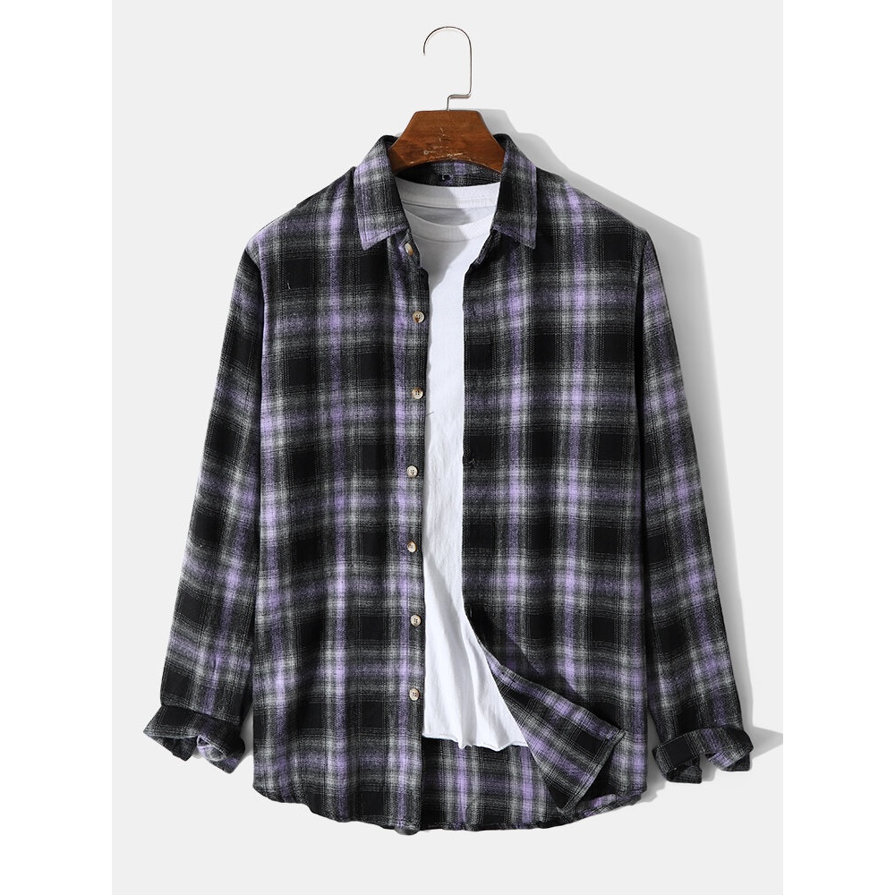 Mens Vintage Plaid Casual Purple Button Lapel Shirt - Black M