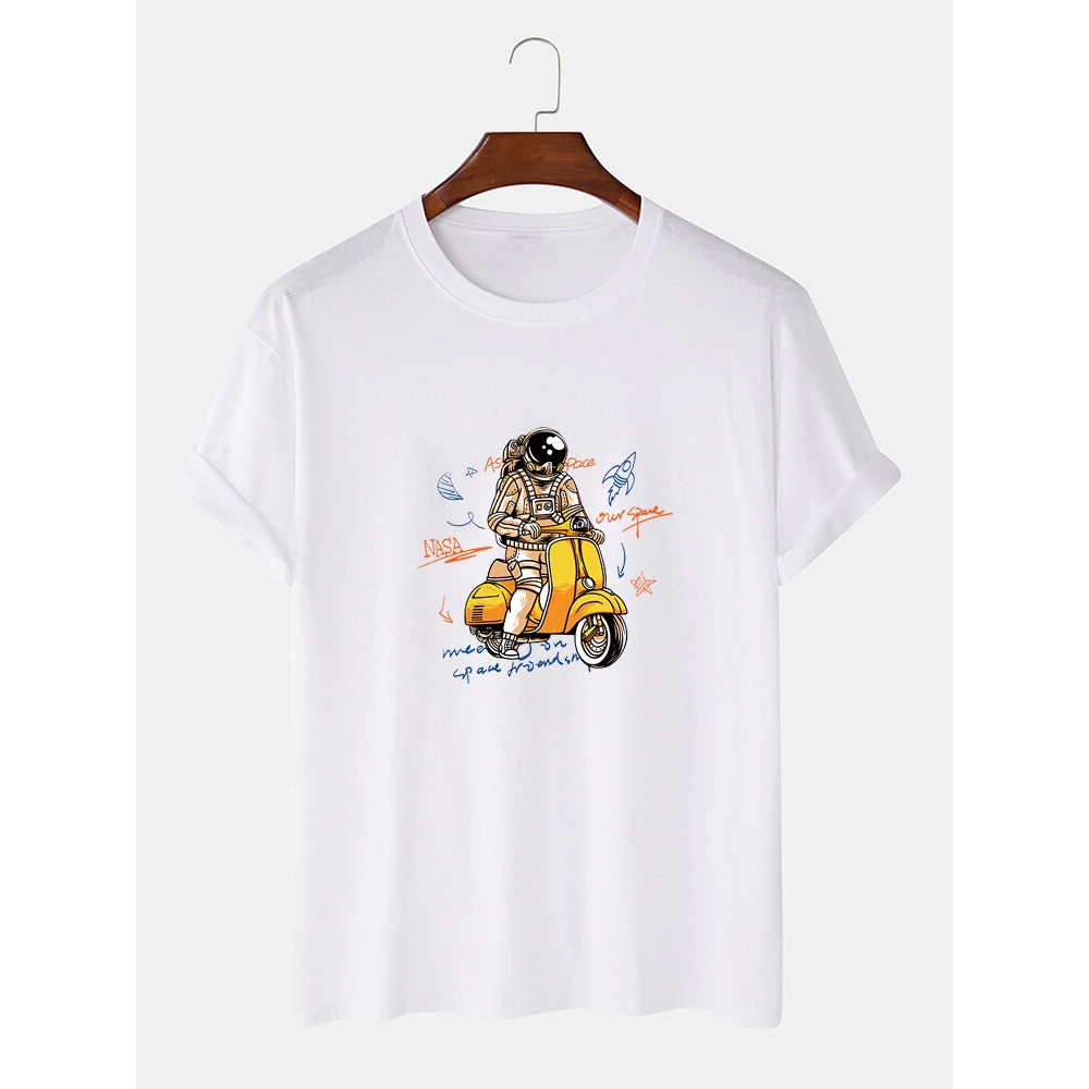 Cute Astronaut Print Breathable Short Sleeve 100% Cotton T-Shirts - Black L