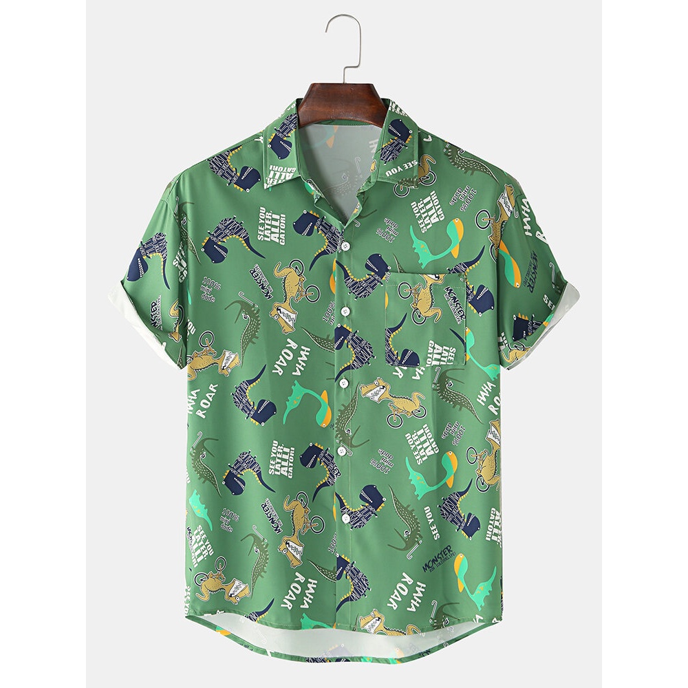 Mens Cartoon Crocodile Print Turn Down Collar Short Sleeve Shirts - Green M