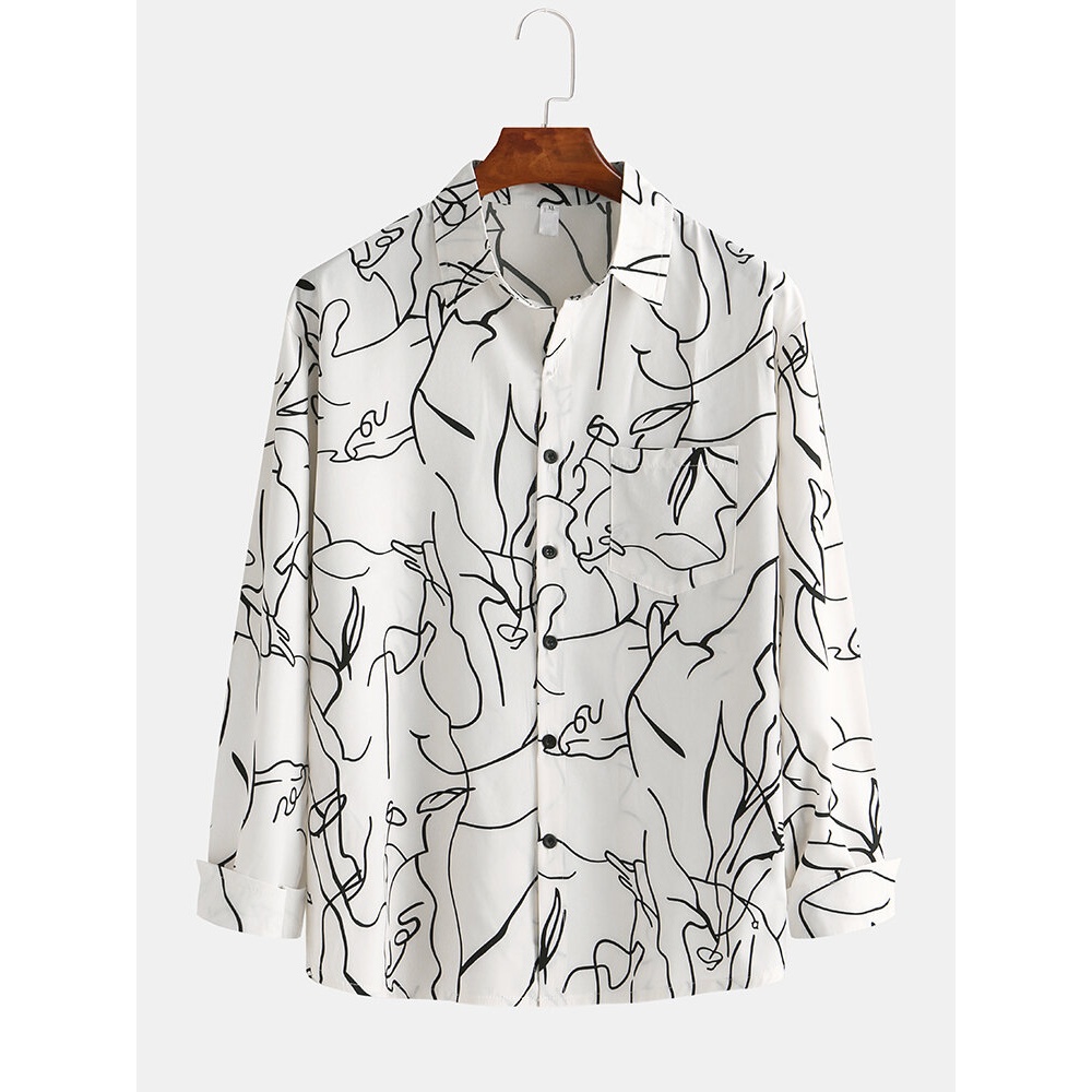 Mens Spring Fashion Long Sleeve Printng Casual Shirts - 2XL Black