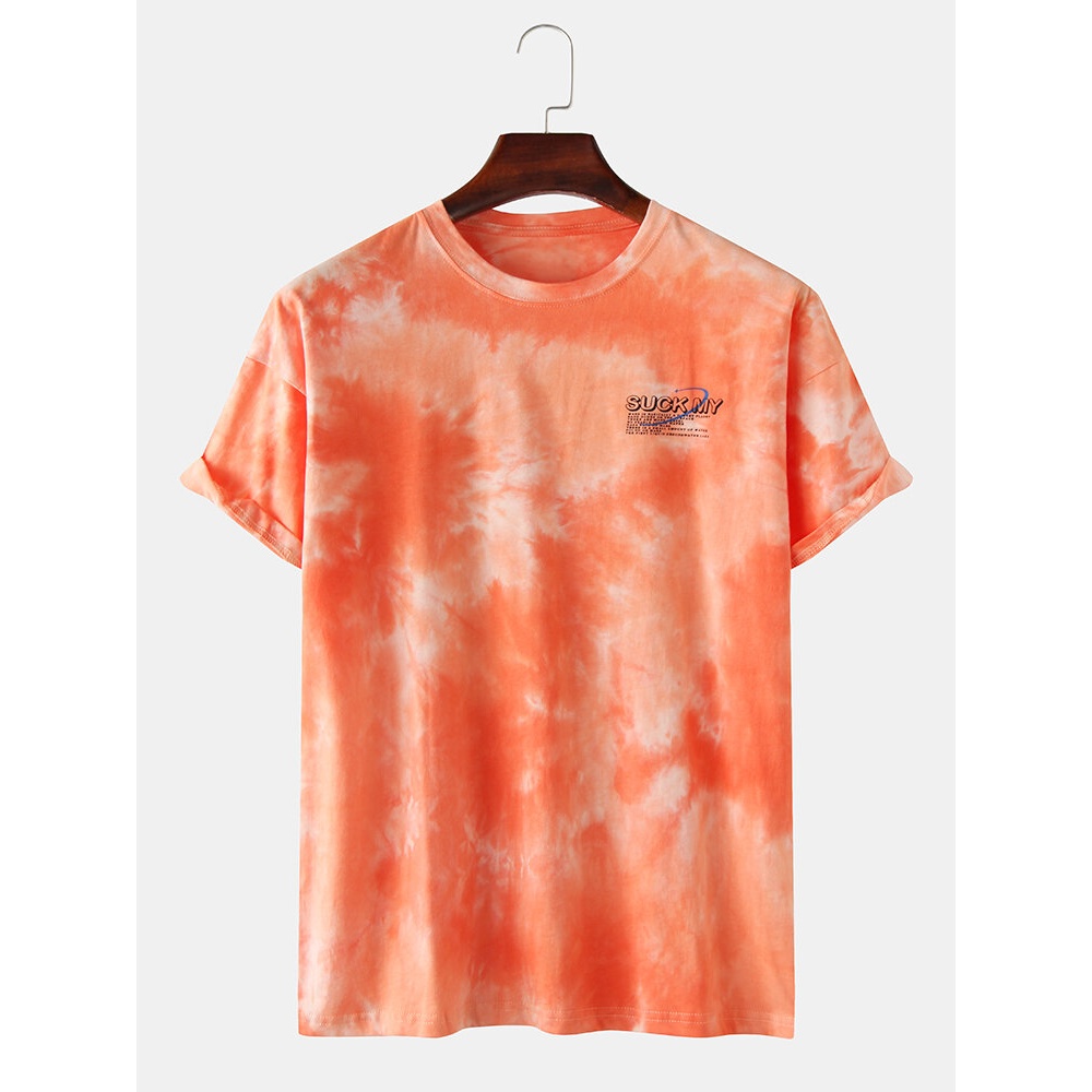 Men Fashion Cotton Gradient Color Creative Printing Crew Neck Short Sleeve T-Shirts - Orange L