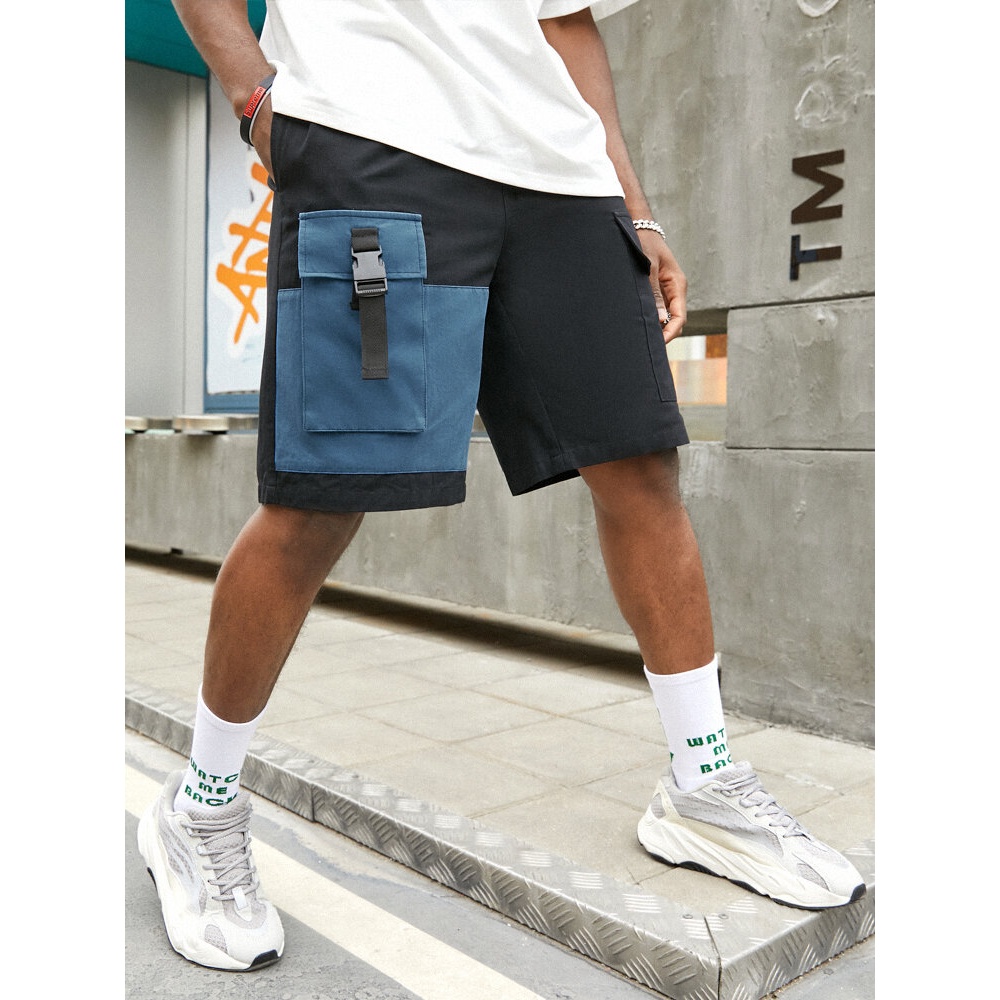 Mens Casual Big Pocket 100% Cotton Color Block Cargo Shorts - Black S