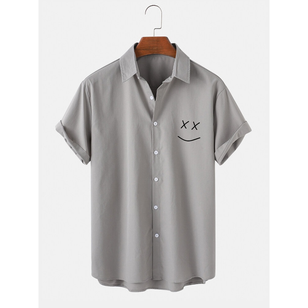 Mens Chest Smile Emojis Print Button Up Short Sleeve Shirts - White XL