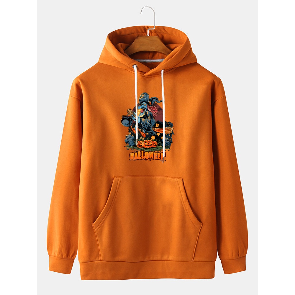 Mens  Cartoon Print Kangaroo Pocket Long Sleeve Hoodies - Orange XL