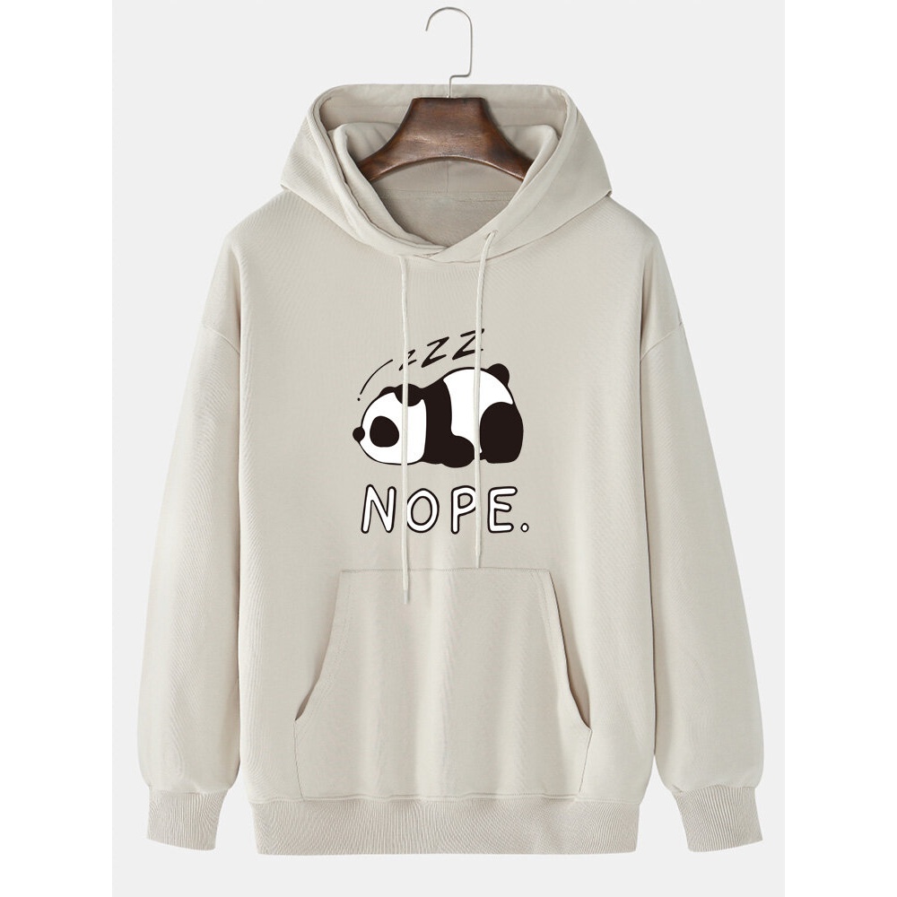 Mens Panda Letter Print Drop Shoulder Cotton Casual Drawstring Hoodies - White S