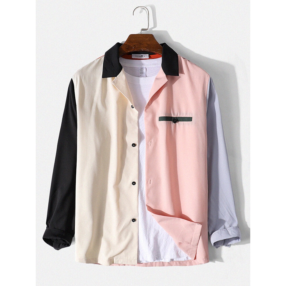 Mens Contrasting Colors Patchwork Lapel Long Sleeve Design Shirts - Pink S
