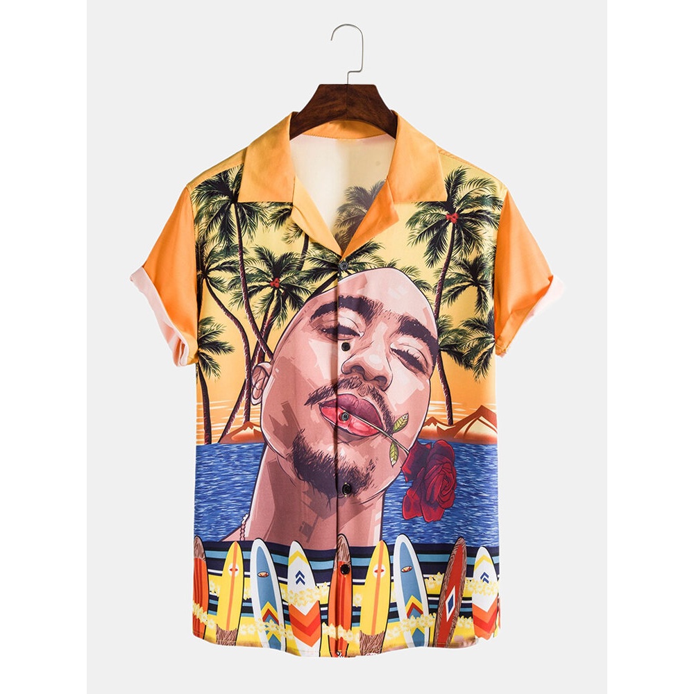 Mens Funny Face Seaside Beach Scenery Print Short Sleeve Hawaii Holiday Shirts - Orange XL
