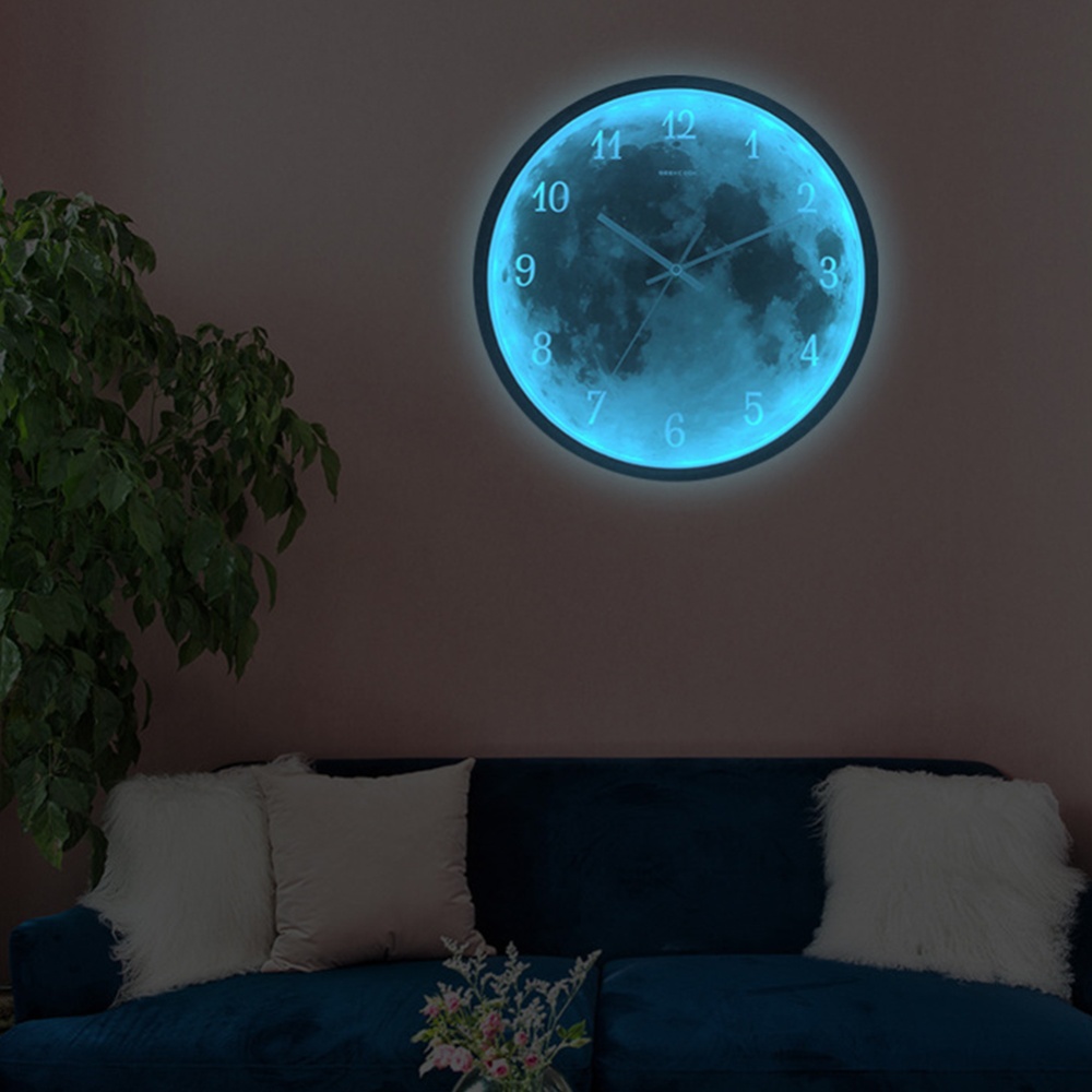 Metal Gray Moon Background Luminous Wall Clock Simple Style Silent Movement Multipurpose Night Light Bedroom Pandent Black - Image 3