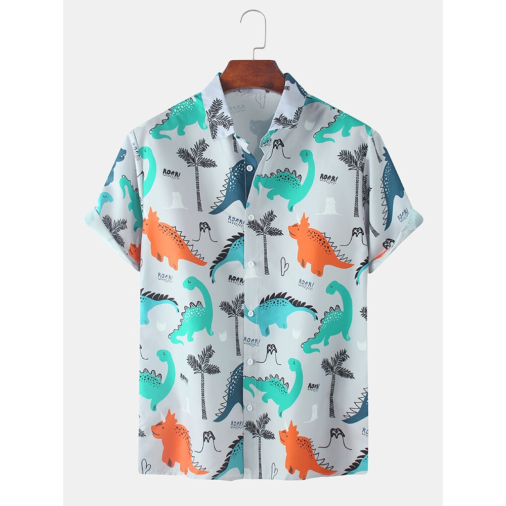 Dinosaur Cartoon Print Turn Down Collar Short Sleeve Shirts For Men Women - Grey M