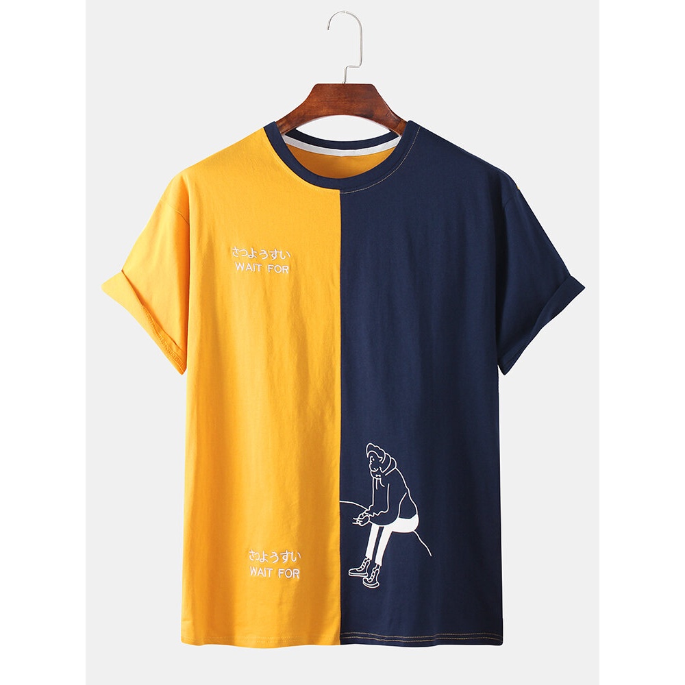 Mens Letter Embroidery Patchwork Contrast Color Cartoon Short Sleeve T-shirts - Grey S