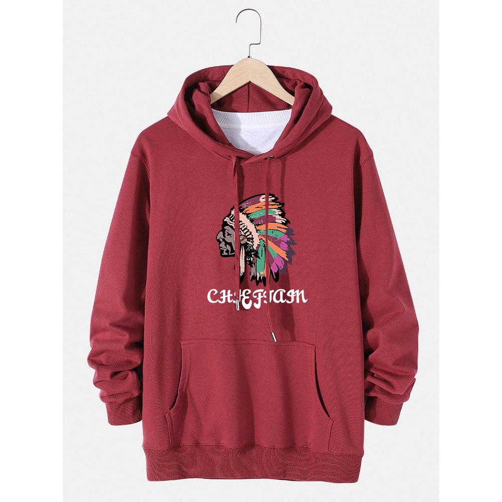 Mens Ethnic Figure Graphic Print Drawstring Cotton Pullover Hoodie - Black S