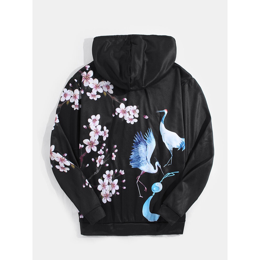 Mens Flroal Crane Back Pattern Letter Print Black Chinese Style Hoodies With Pocket - M Black