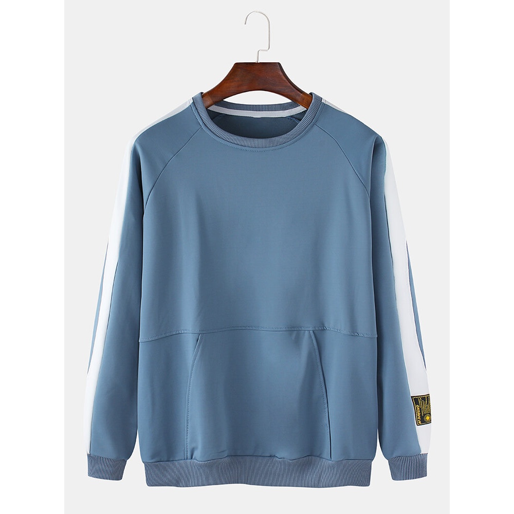 Mens Cotton Side Stripe Applique Crew Neck Raglan Sleeve Pouch Pocket Sweatshirts - Black XL