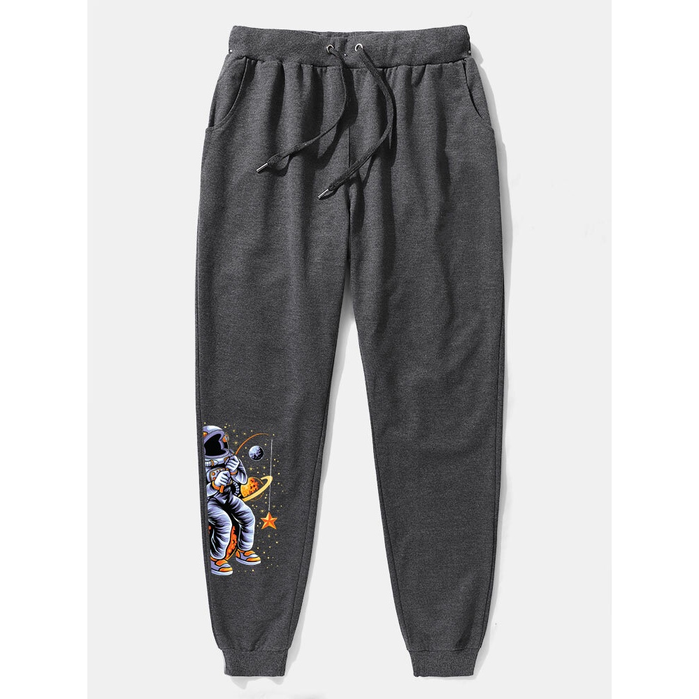 Men Astronaut Drawstring Elastic Waist Ankle Length Casual Pants - Black M